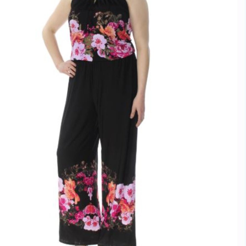 Inc Black Floral Wide Leg Sleeveless Jumpsuit Vacation Resort Cruise Size XL - Picture 3 of 5